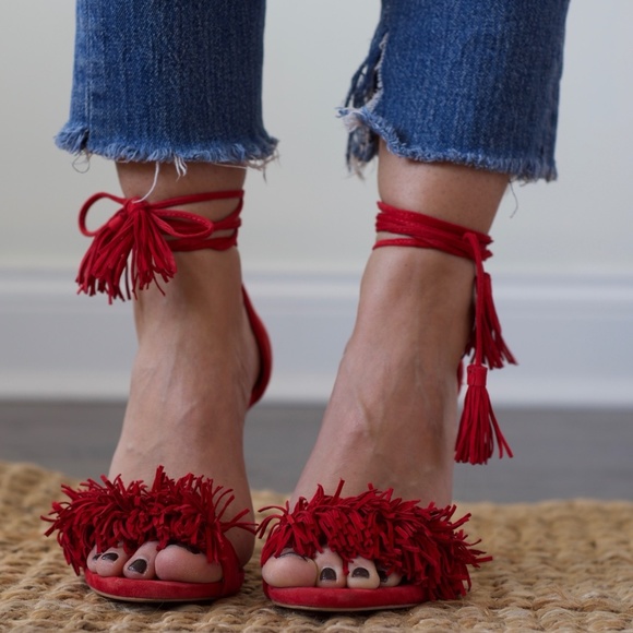 red heels tie around ankle